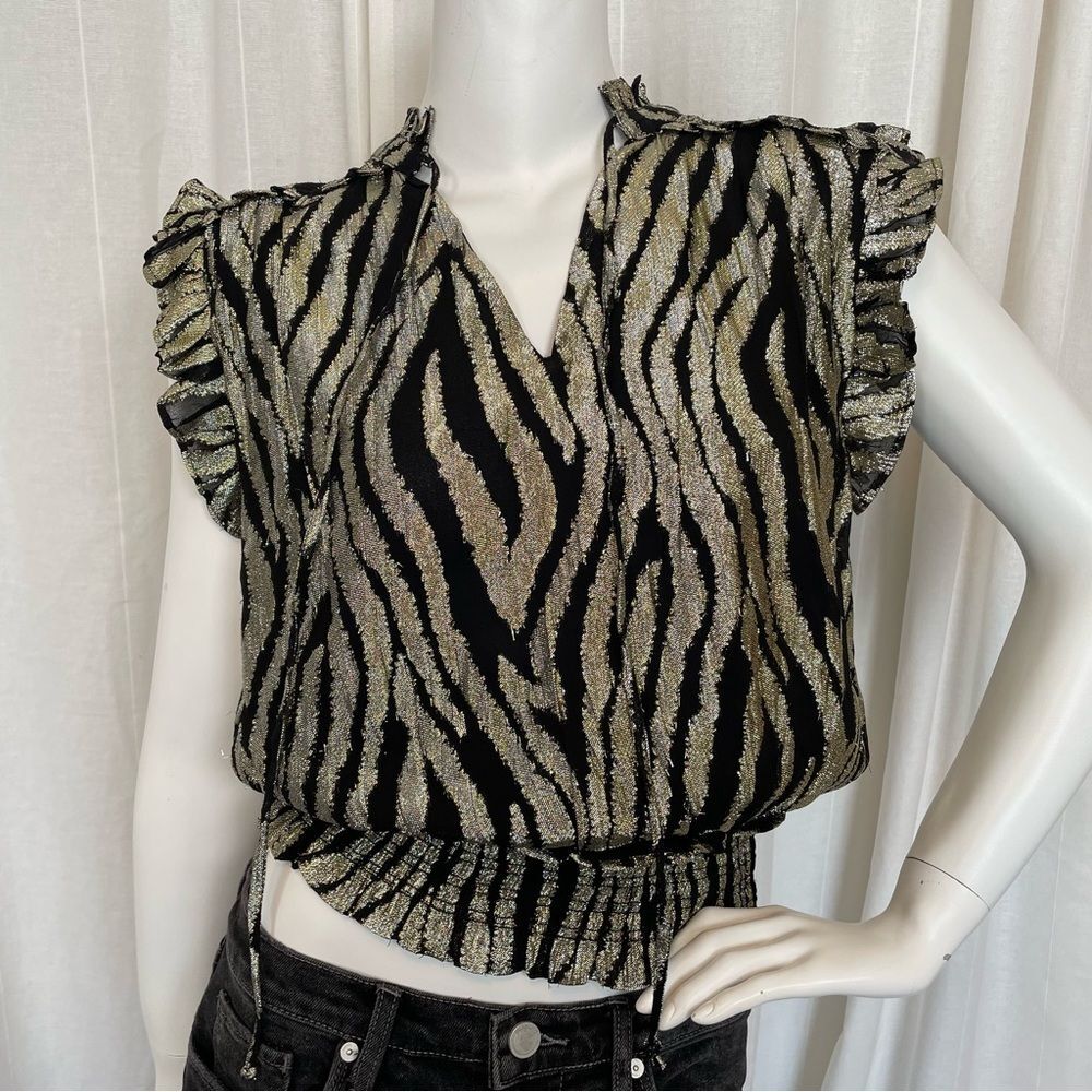 ELAN- Camryn Zebra Print Metallic Ruched Top Size Small Women’s Tank Top